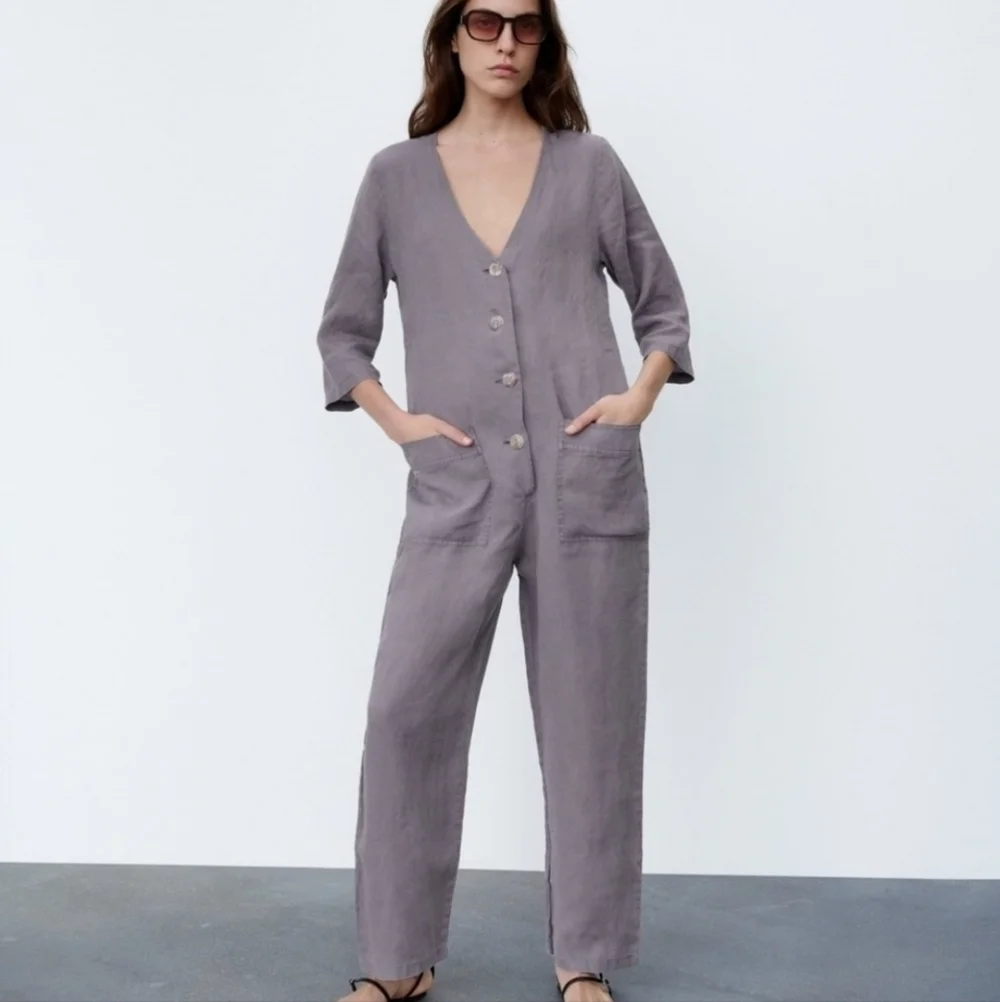 Zara 100% Linen Front Pocket Grey Boiler Jumpsuit Onesie NWT Size Small